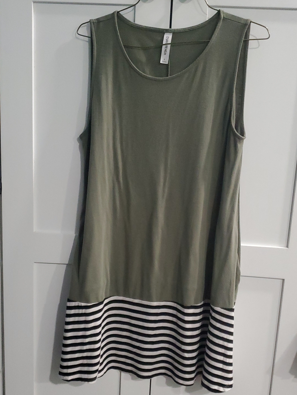Olive Green Sleeveless Mini Dress with Striped Hem